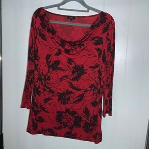 Talbots red black floral drape front blouse Sz M knit 3/4 sleeve